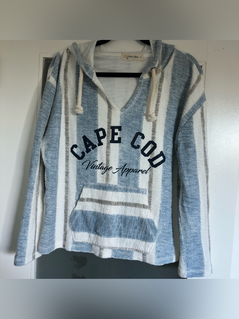 Cape Cod Blue & White Striped Hoodie Size L Coastal Cowgirll Resort Ware Cozy